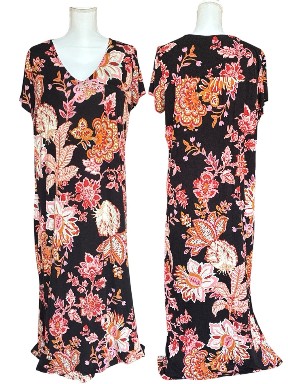 SOMA Cool Nights Black‎ Jacobean Boho Floral Maxi Sleep Shirt Lounge Dress Sz L